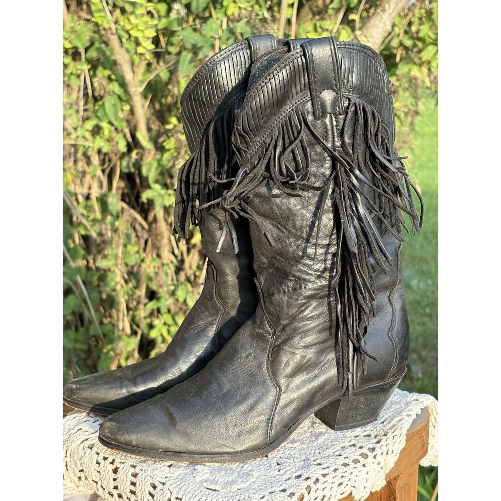 Vintage Laredo Black Leather Fringe Cowboy Boots Women's Size 8.5 Western Boho